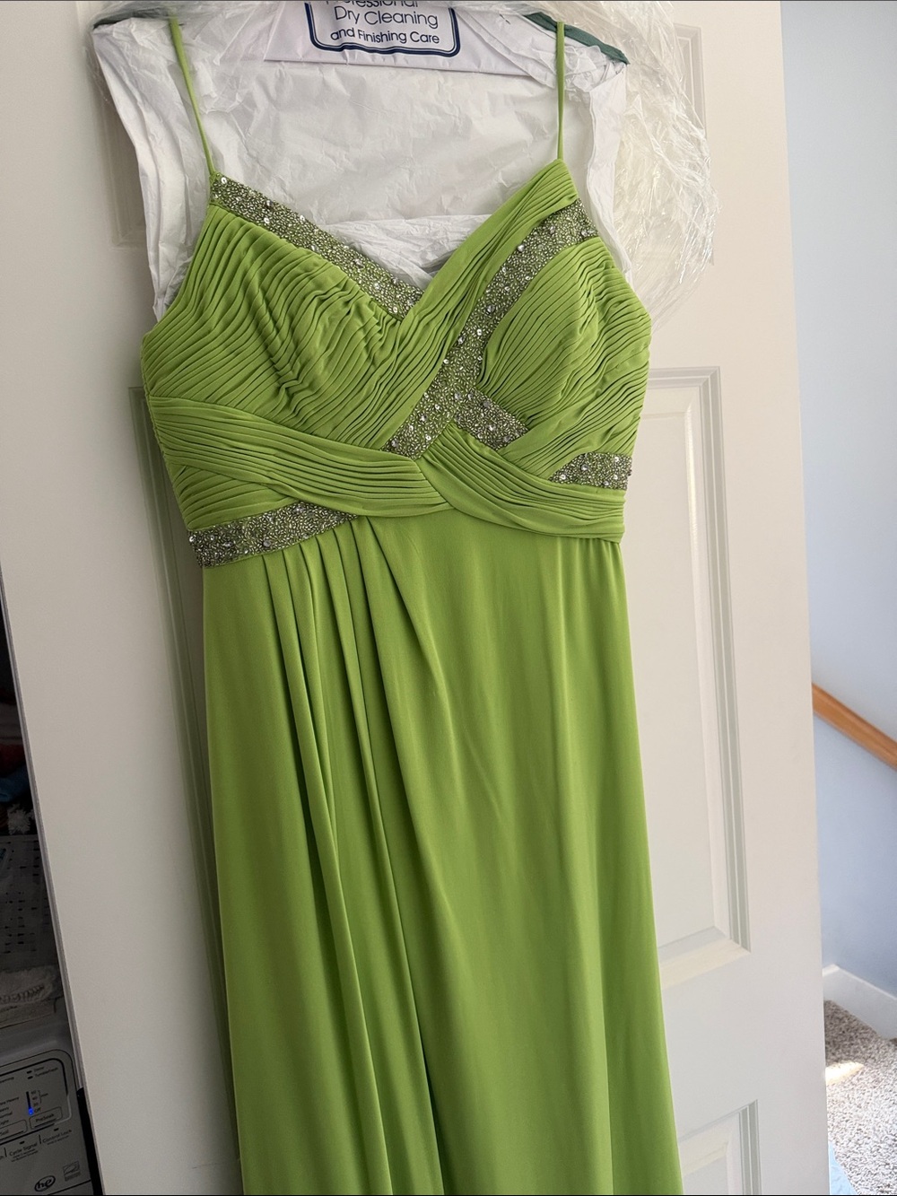 JS Collections Lime Green Beaded Spaghetti Strap Prom Gown